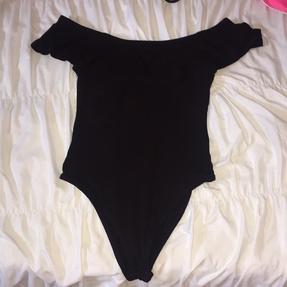 Black off the shoulder ruffle body suit